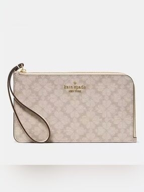 Kate Spade Lucy Spade Flower Medium Wallet L-Zip Wristlet Dark Beige Moon KG487